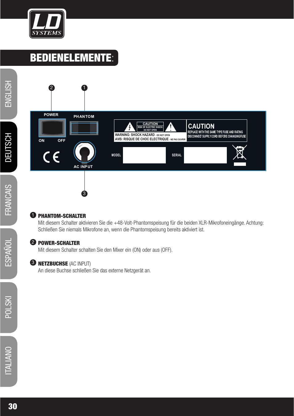 Bedienelemente, Caution | LD Systems LAX 6 D User Manual | Page 30 / 110