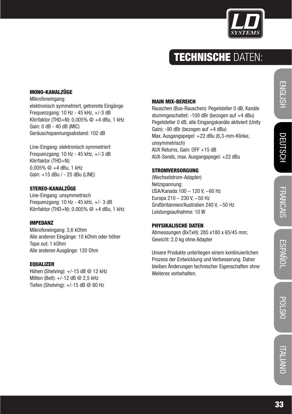 Technische daten | LD Systems LAX 6 D User Manual | Page 33 / 110