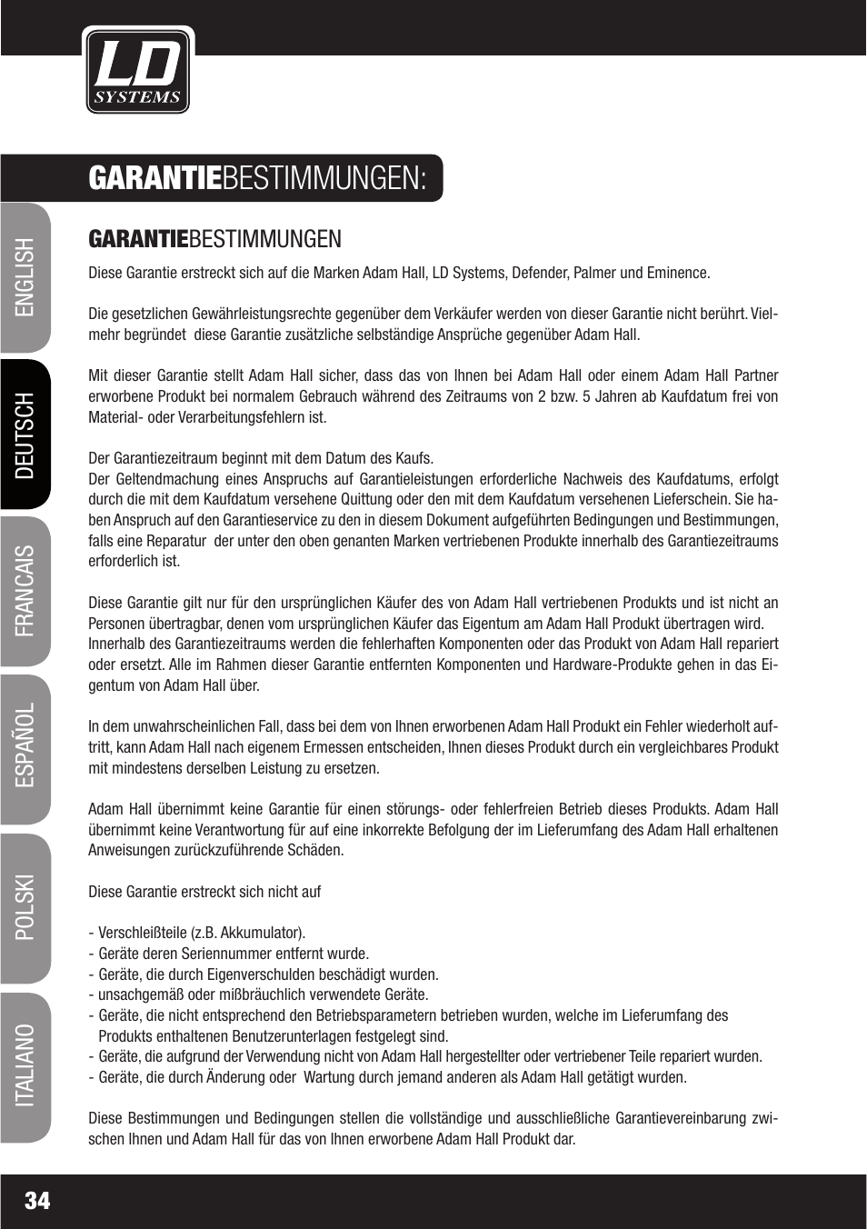Garantiebestimmungen | LD Systems LAX 6 D User Manual | Page 34 / 110