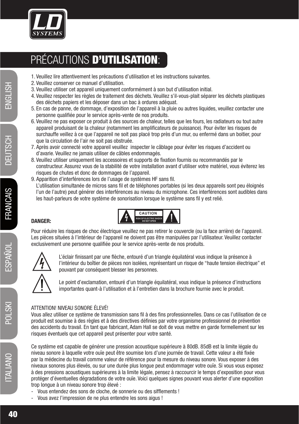 Précautions d’utilisation | LD Systems LAX 6 D User Manual | Page 40 / 110