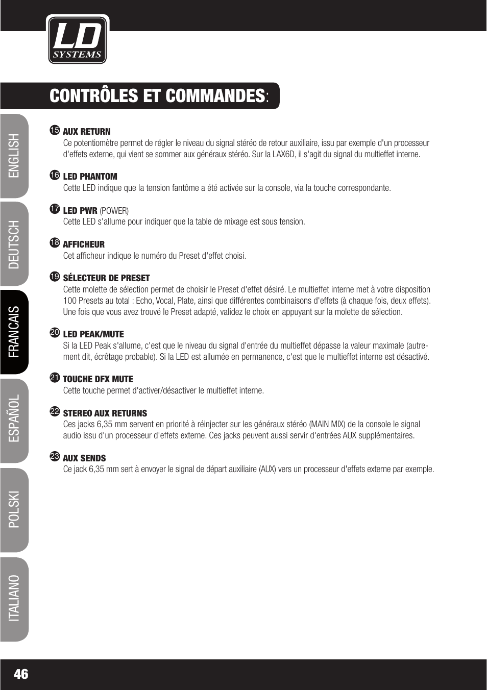 Contrôles et commandes | LD Systems LAX 6 D User Manual | Page 46 / 110