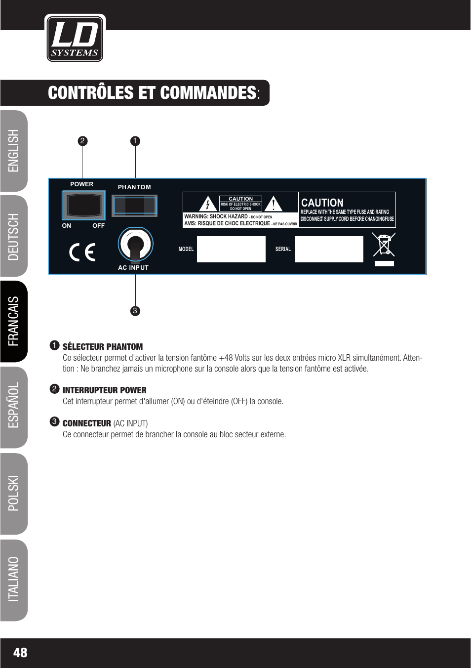 Contrôles et commandes, Caution | LD Systems LAX 6 D User Manual | Page 48 / 110