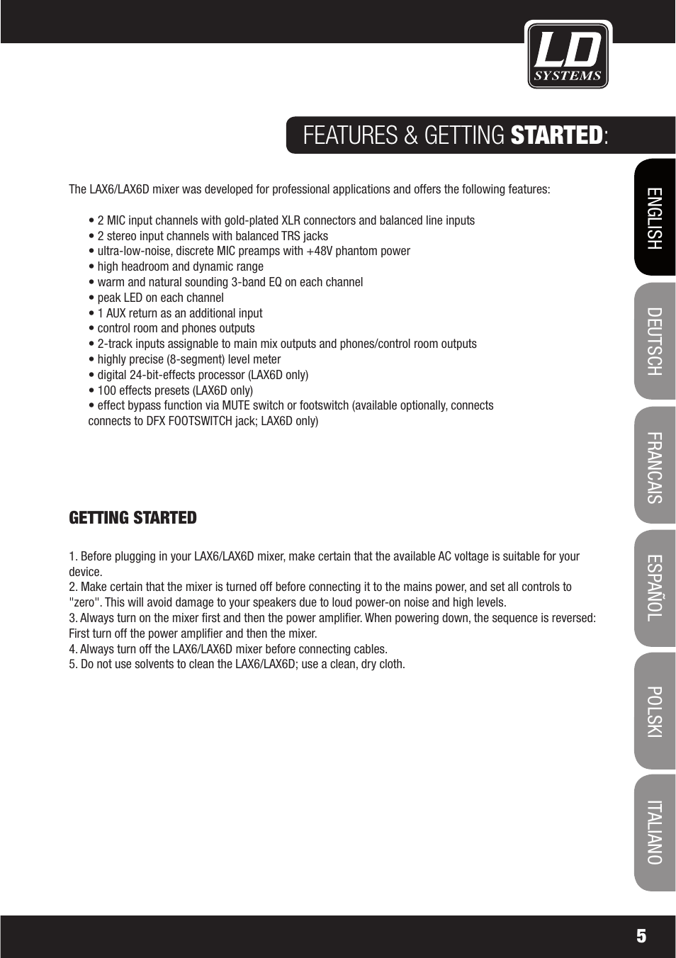 Features & getting started | LD Systems LAX 6 D User Manual | Page 5 / 110