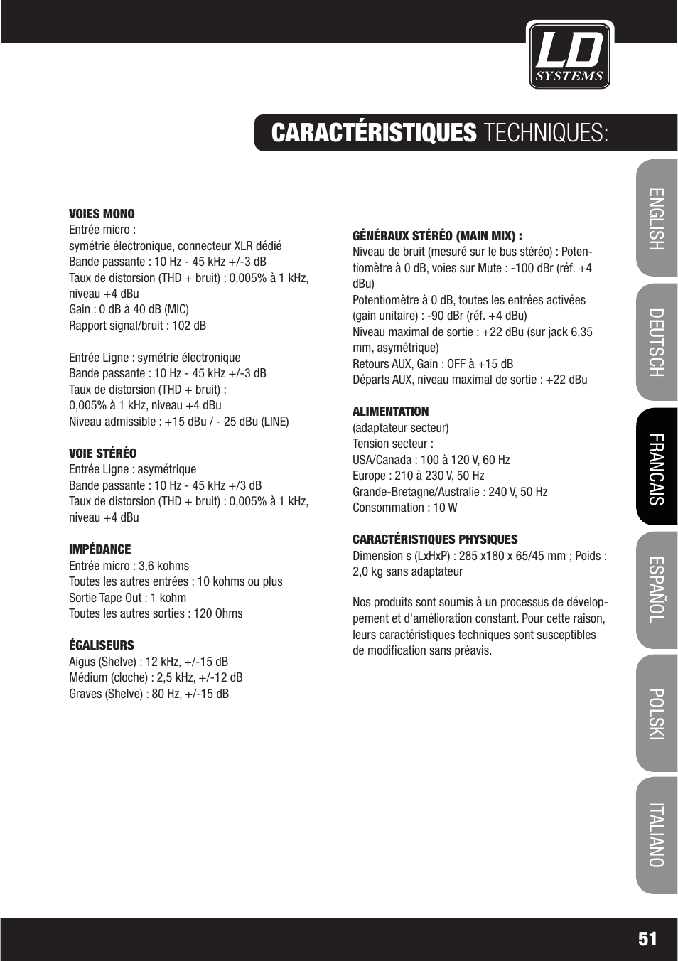 Caractéristiques techniques | LD Systems LAX 6 D User Manual | Page 51 / 110