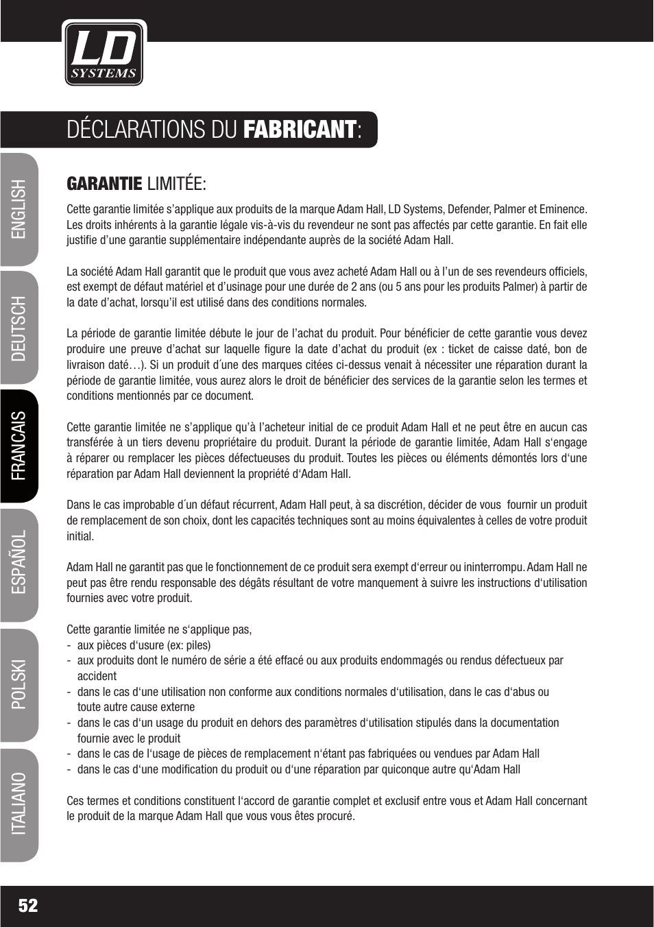 Déclarations du fabricant | LD Systems LAX 6 D User Manual | Page 52 / 110