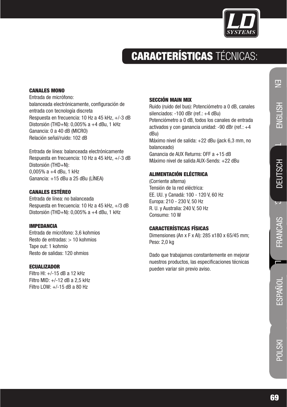 Características técnicas | LD Systems LAX 6 D User Manual | Page 69 / 110