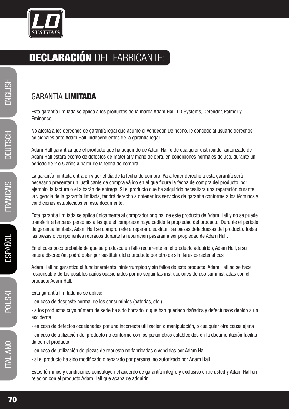 Declaración del fabricante | LD Systems LAX 6 D User Manual | Page 70 / 110