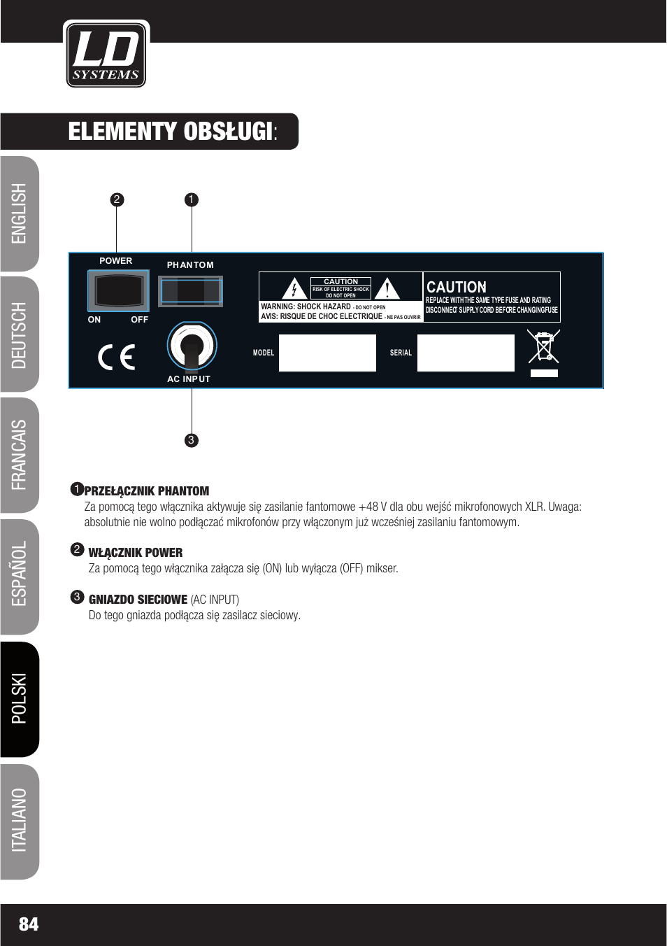 Elementy obsługi, Caution | LD Systems LAX 6 D User Manual | Page 84 / 110