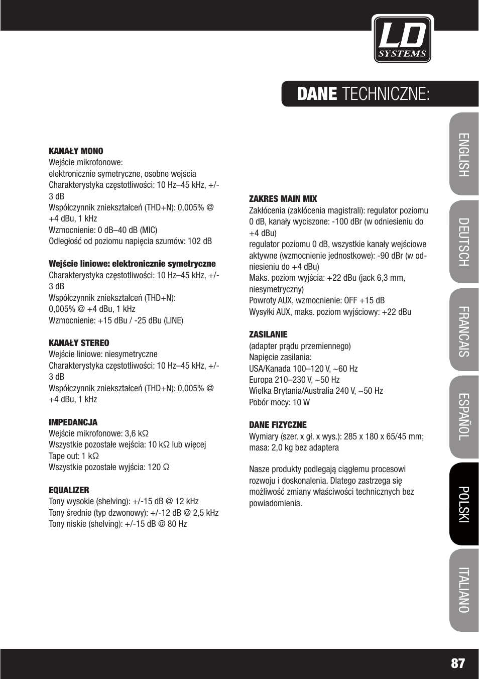Dane techniczne | LD Systems LAX 6 D User Manual | Page 87 / 110