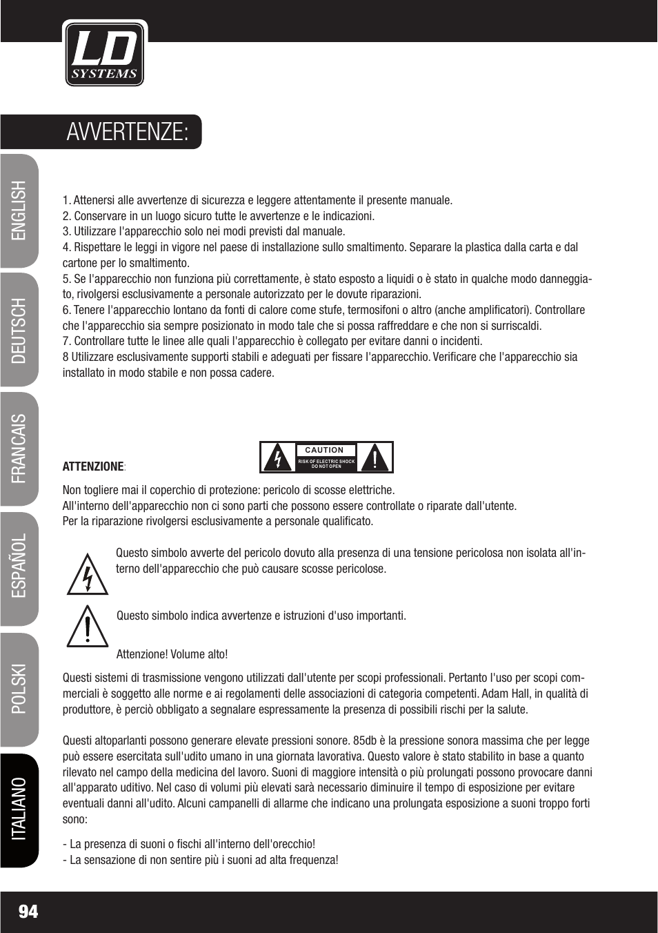Avvertenze | LD Systems LAX 6 D User Manual | Page 94 / 110