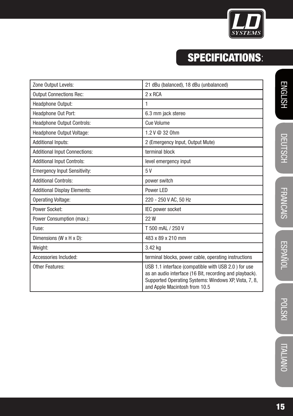 Specifications | LD Systems ZONE 423 User Manual | Page 15 / 112