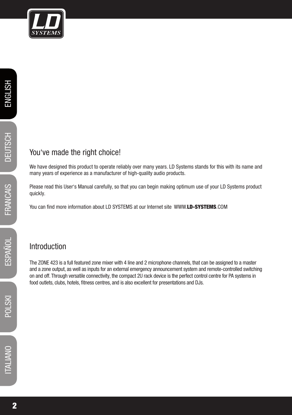 LD Systems ZONE 423 User Manual | Page 2 / 112