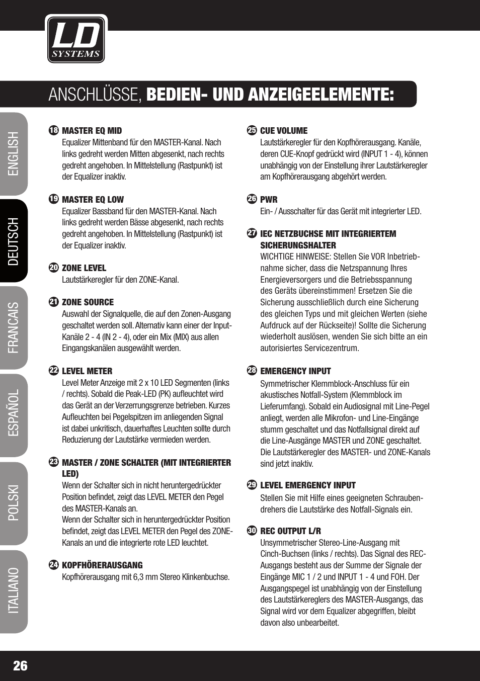 Anschlüsse, bedien- und anzeigeelemente | LD Systems ZONE 423 User Manual | Page 26 / 112