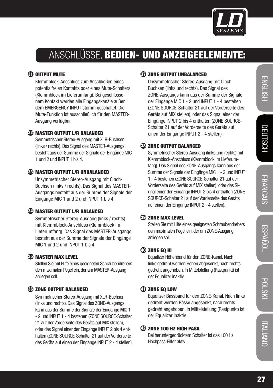 Anschlüsse, bedien- und anzeigeelemente | LD Systems ZONE 423 User Manual | Page 27 / 112