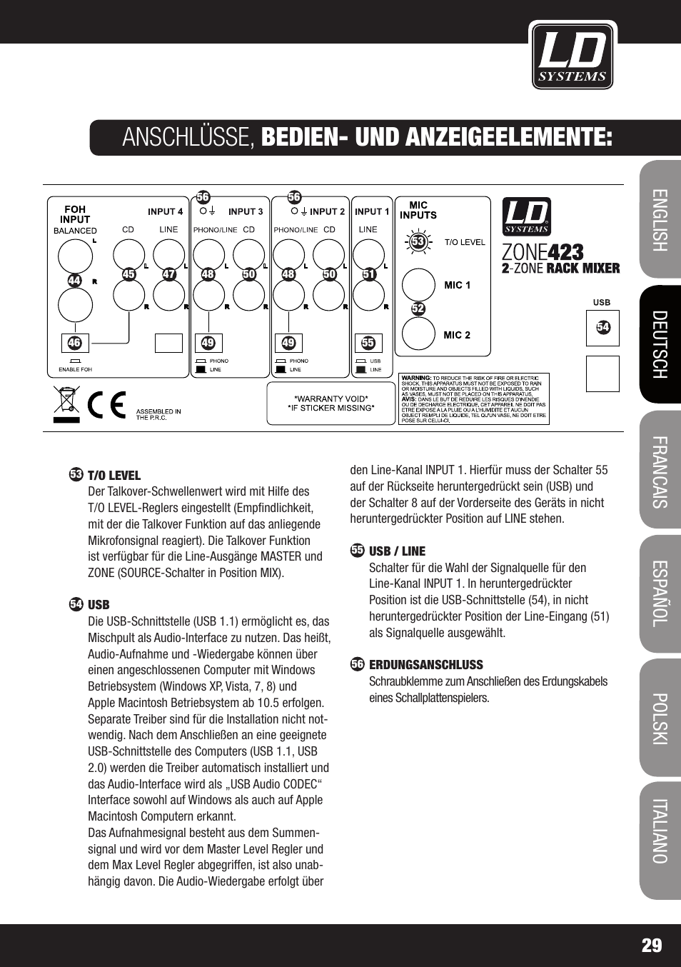 Anschlüsse, bedien- und anzeigeelemente | LD Systems ZONE 423 User Manual | Page 29 / 112
