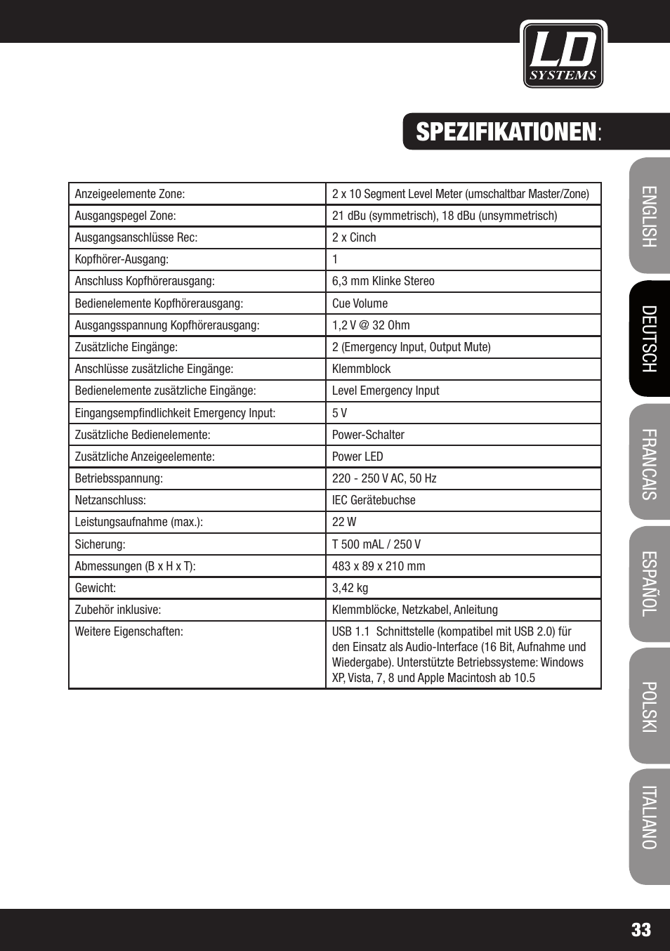 Spezifikationen | LD Systems ZONE 423 User Manual | Page 33 / 112