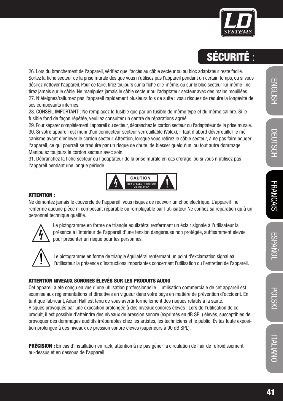 Sécurité | LD Systems ZONE 423 User Manual | Page 41 / 112