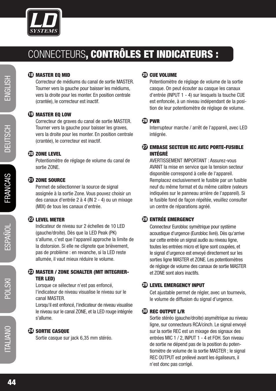 Connecteurs , contrôles et indicateurs | LD Systems ZONE 423 User Manual | Page 44 / 112