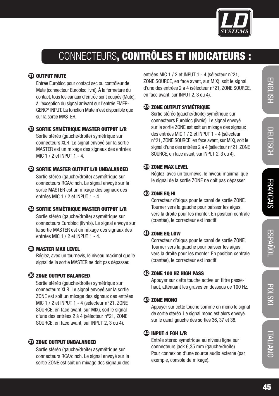 Connecteurs , contrôles et indicateurs | LD Systems ZONE 423 User Manual | Page 45 / 112