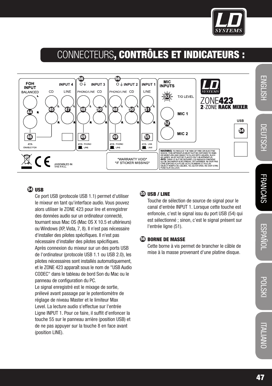 Connecteurs , contrôles et indicateurs | LD Systems ZONE 423 User Manual | Page 47 / 112