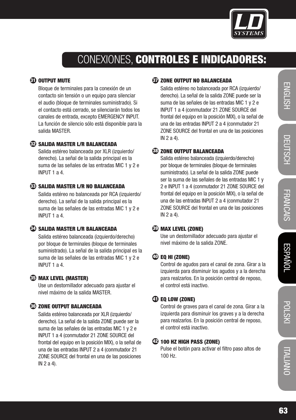 Conexiones, controles e indicadores | LD Systems ZONE 423 User Manual | Page 63 / 112