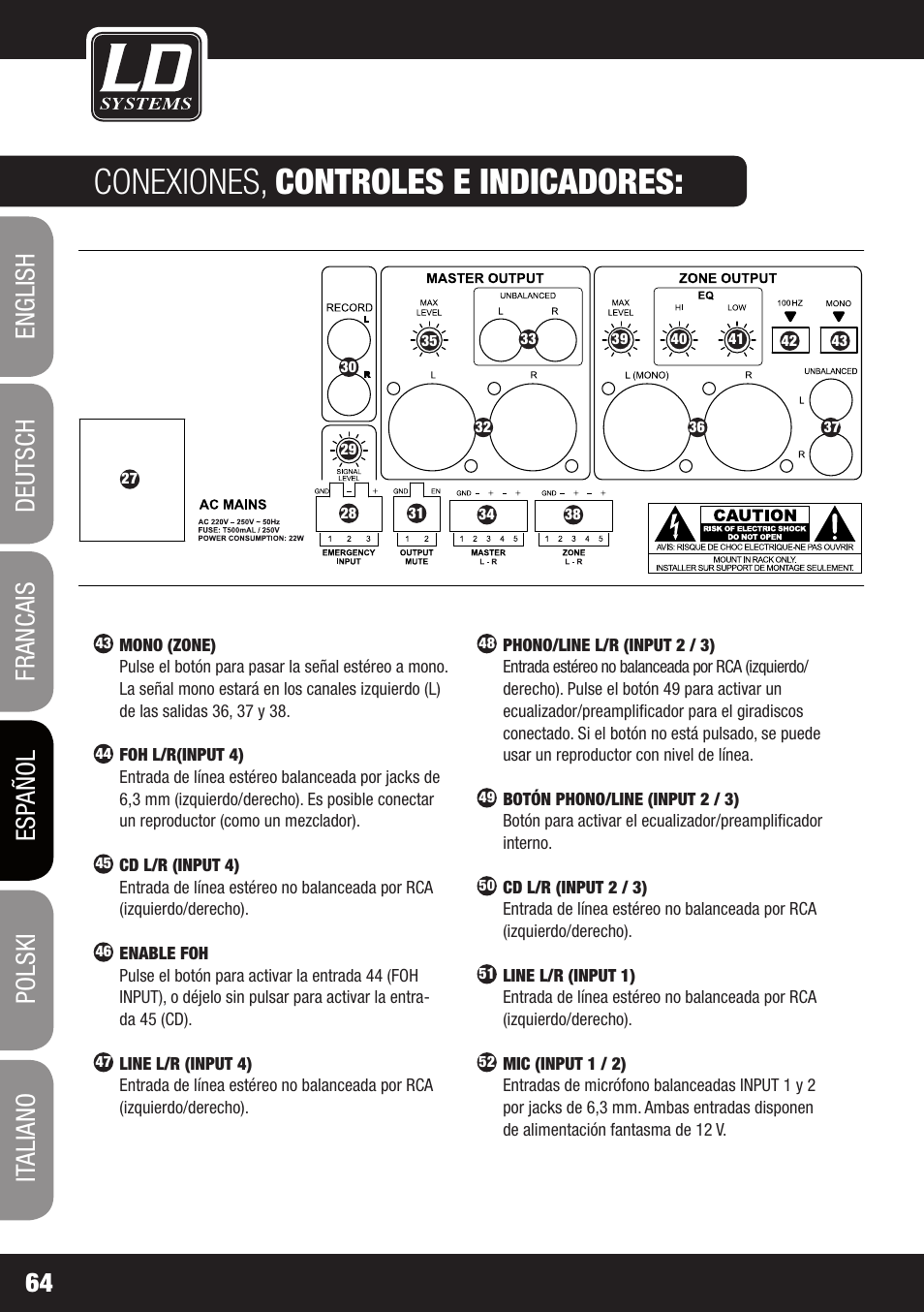 Conexiones, controles e indicadores | LD Systems ZONE 423 User Manual | Page 64 / 112