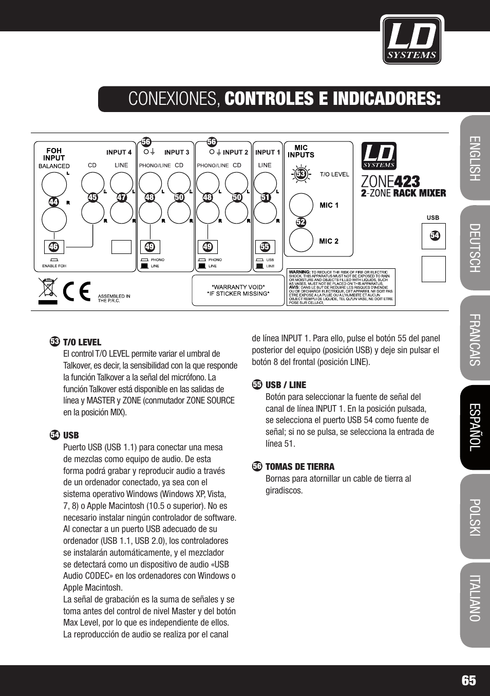 Conexiones, controles e indicadores | LD Systems ZONE 423 User Manual | Page 65 / 112