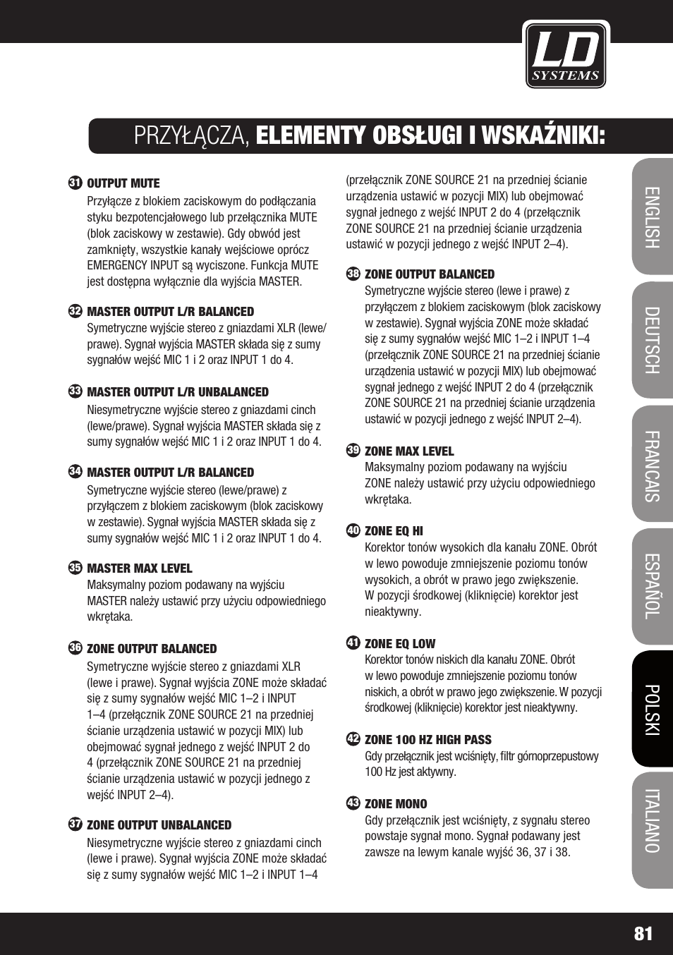 Przyłącza, elementy obsługi i wskaźniki | LD Systems ZONE 423 User Manual | Page 81 / 112