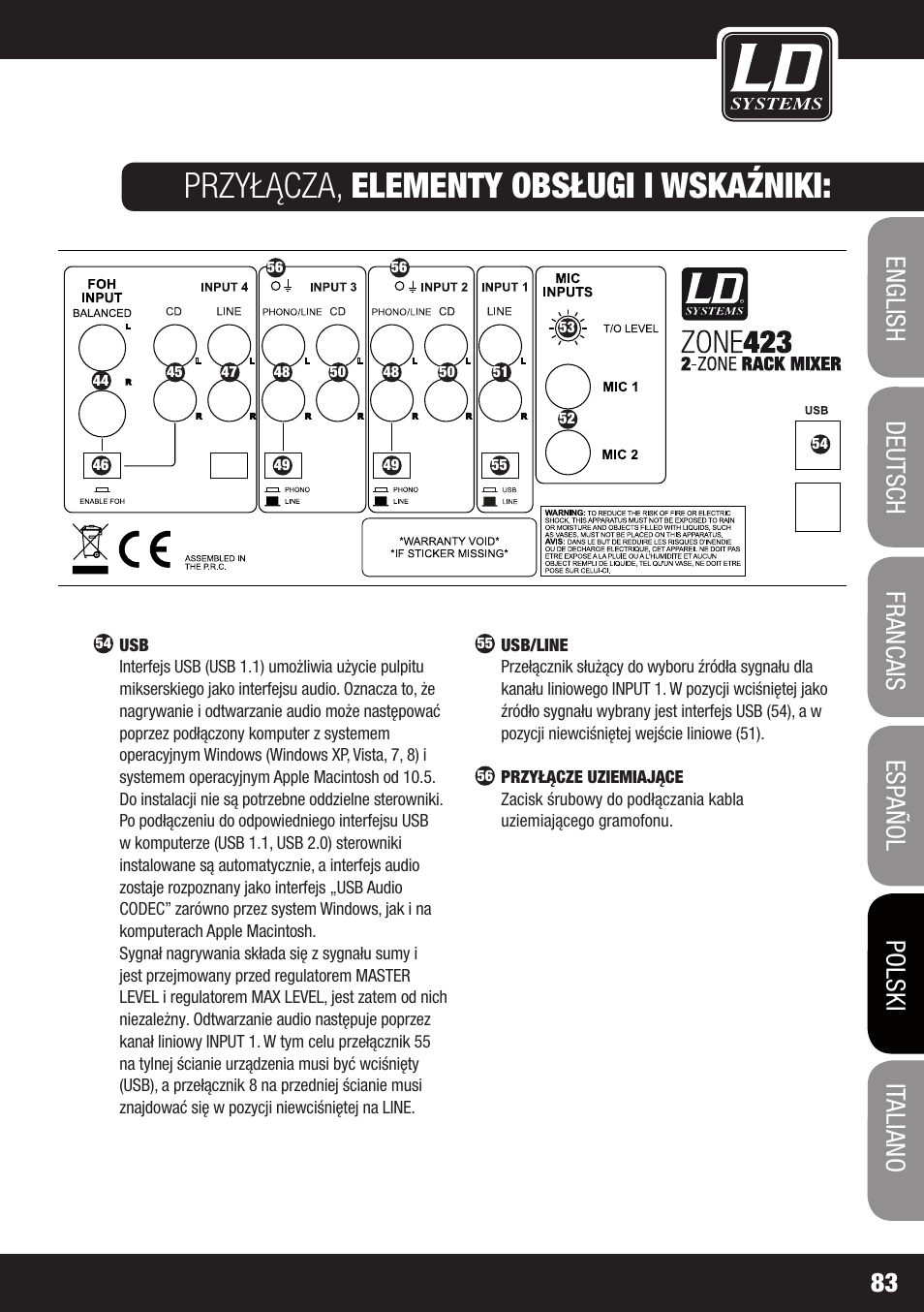 Przyłącza, elementy obsługi i wskaźniki | LD Systems ZONE 423 User Manual | Page 83 / 112