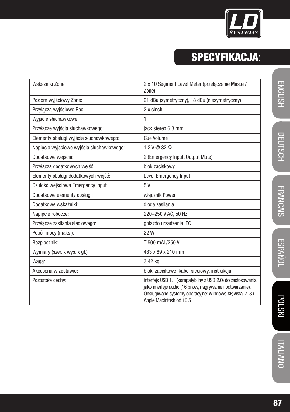 Specyfikacja | LD Systems ZONE 423 User Manual | Page 87 / 112