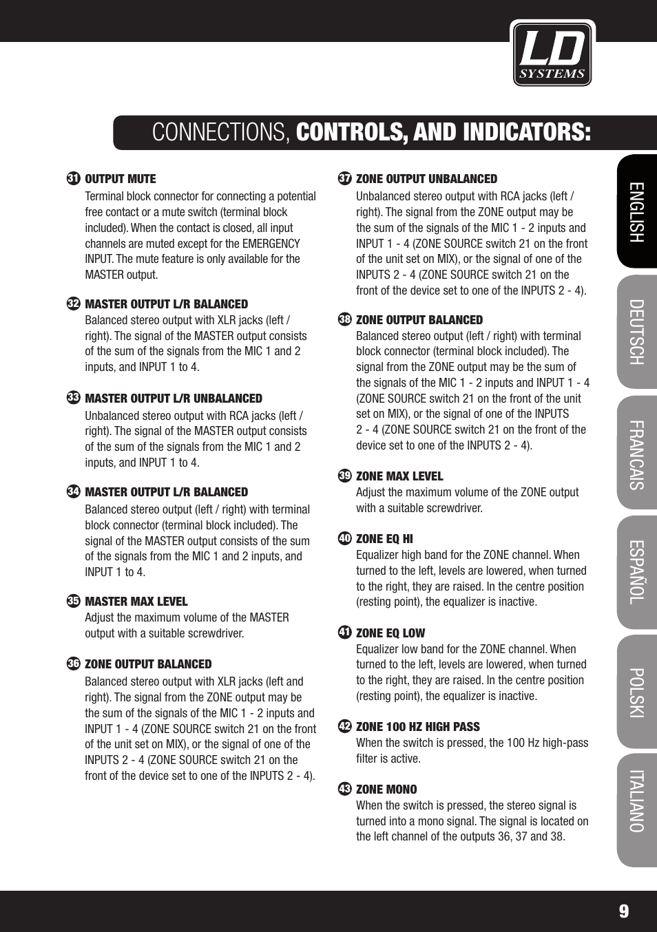 Connections, controls, and indicators | LD Systems ZONE 423 User Manual | Page 9 / 112
