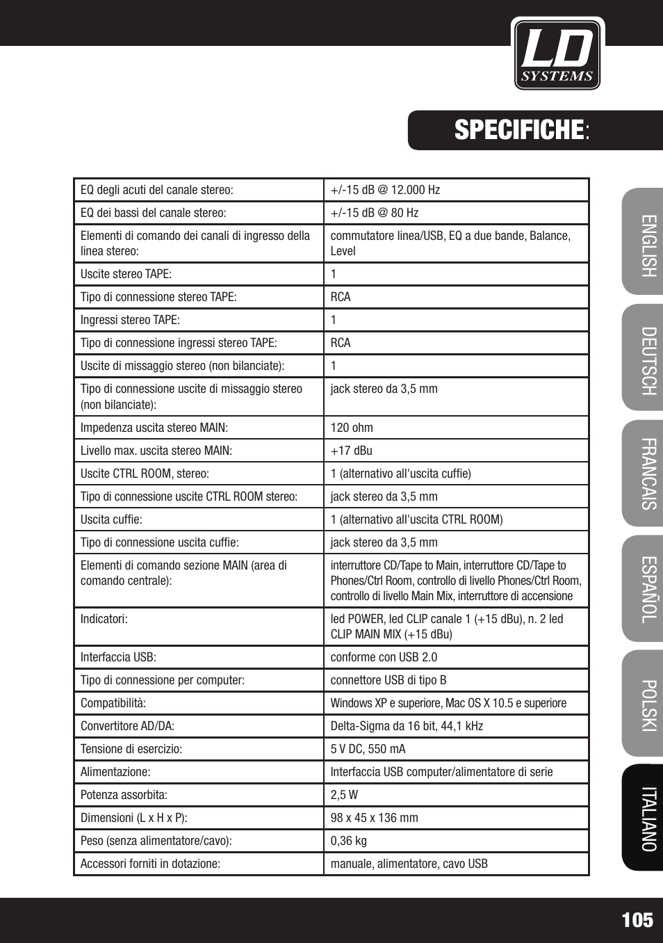 Specifiche | LD Systems LAX 3 USB User Manual | Page 105 / 112