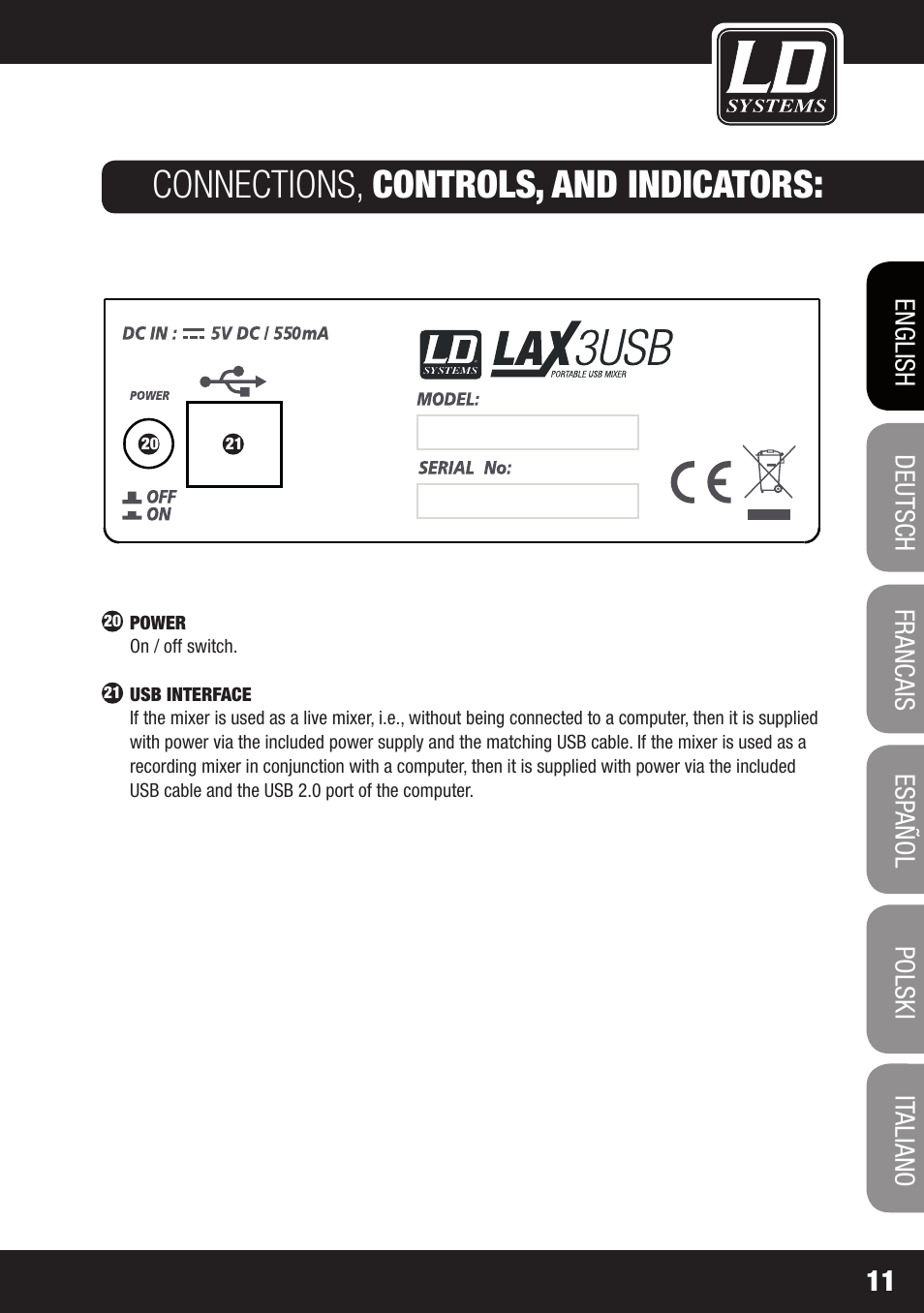 Connections, controls, and indicators | LD Systems LAX 3 USB User Manual | Page 11 / 112
