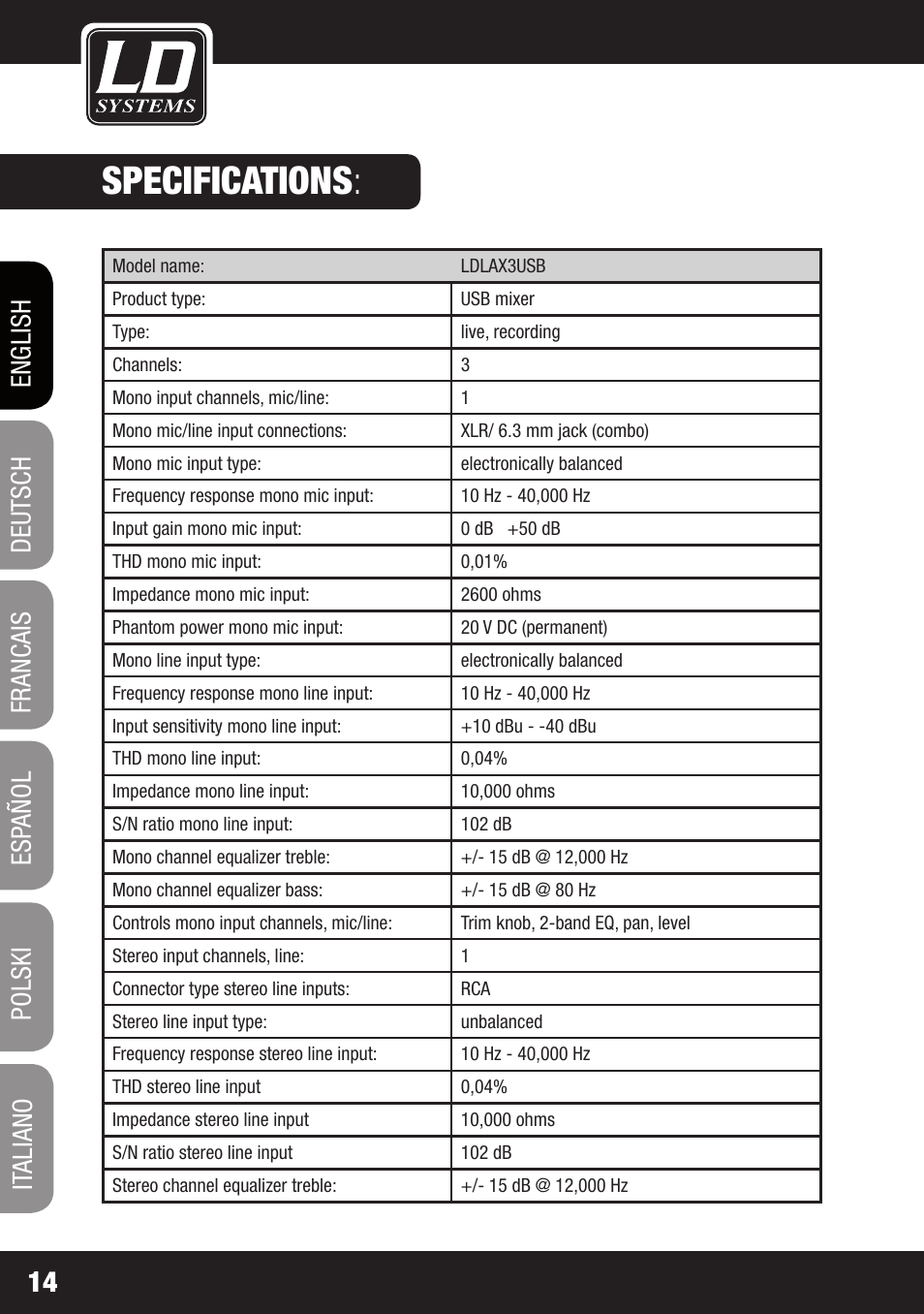 Specifications | LD Systems LAX 3 USB User Manual | Page 14 / 112