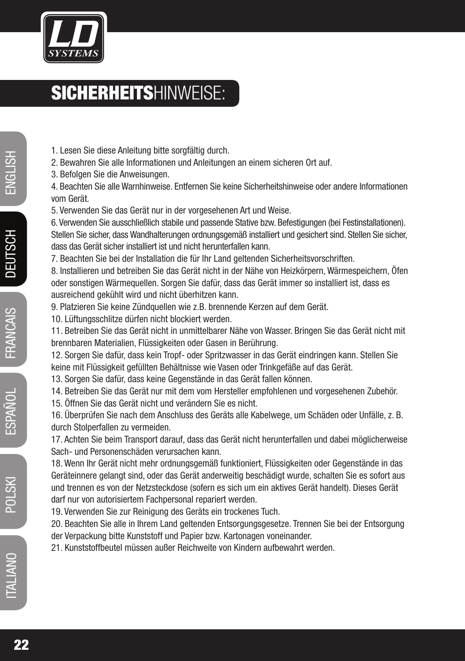 Sicherheits hinweise | LD Systems LAX 3 USB User Manual | Page 22 / 112