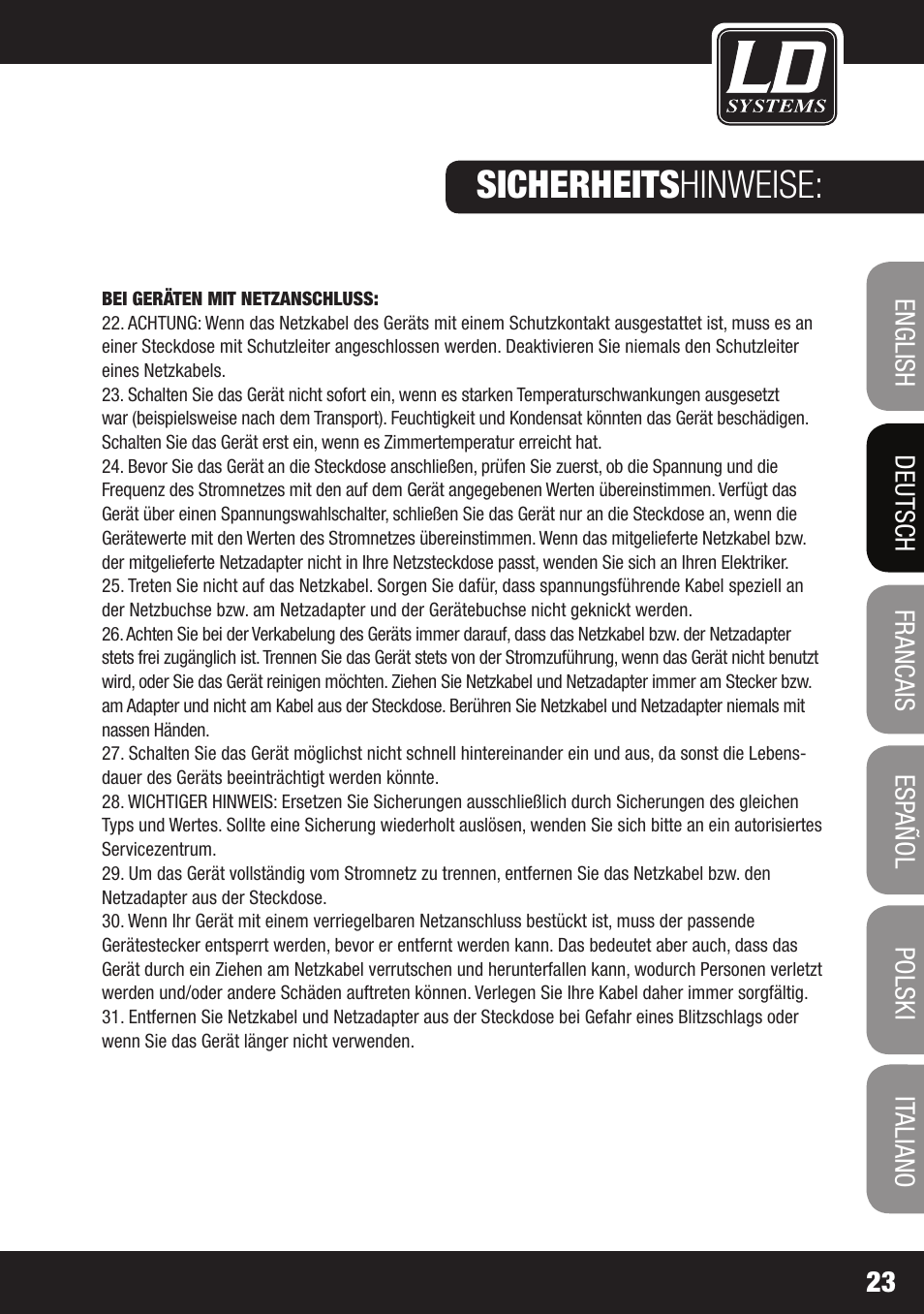 Sicherheits hinweise | LD Systems LAX 3 USB User Manual | Page 23 / 112
