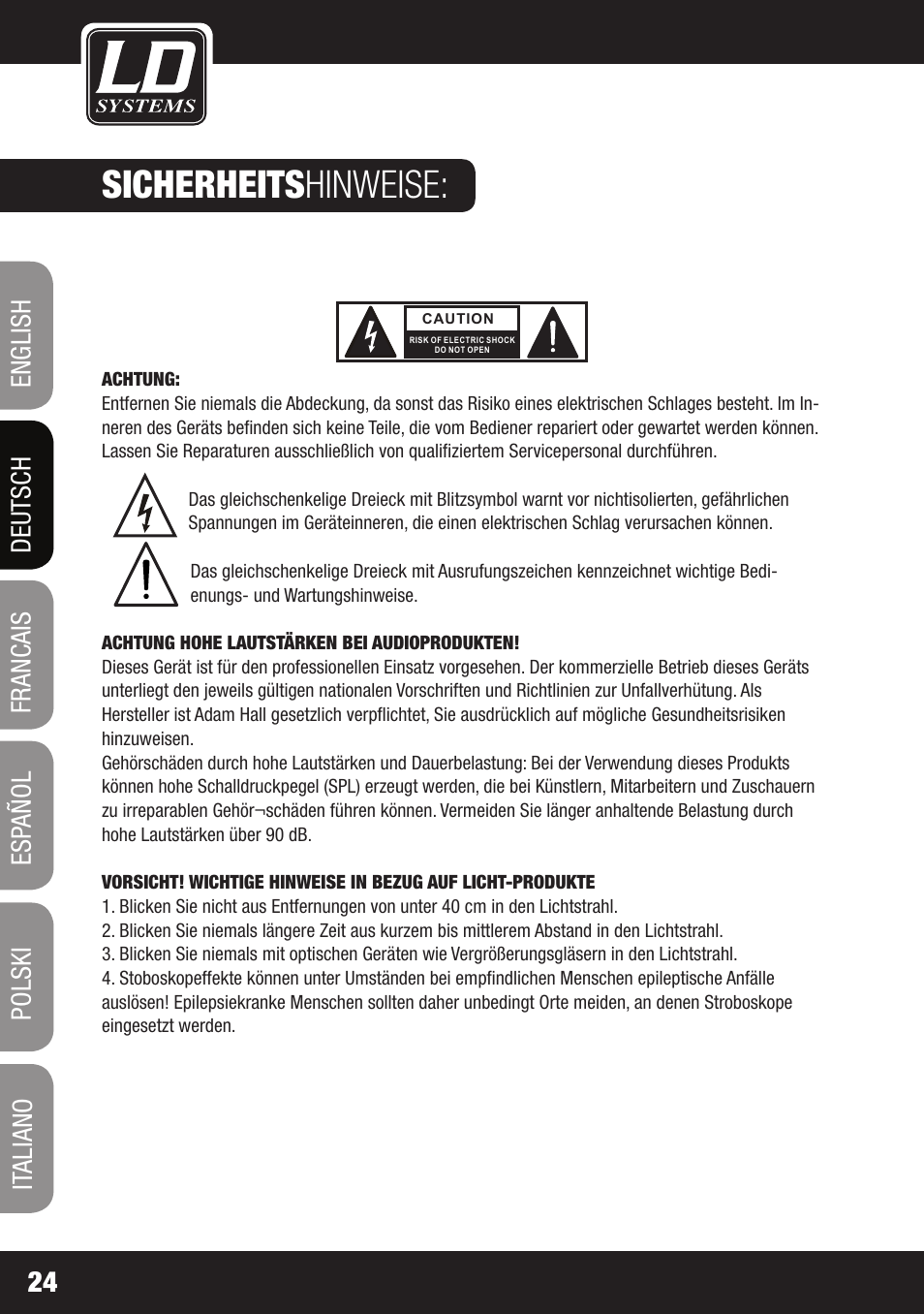 Sicherheits hinweise | LD Systems LAX 3 USB User Manual | Page 24 / 112