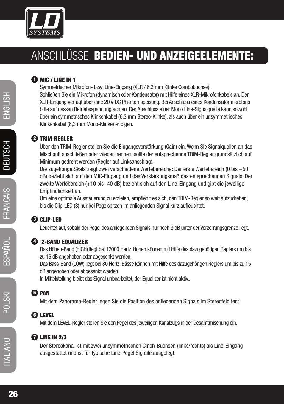 Anschlüsse, bedien- und anzeigeelemente | LD Systems LAX 3 USB User Manual | Page 26 / 112