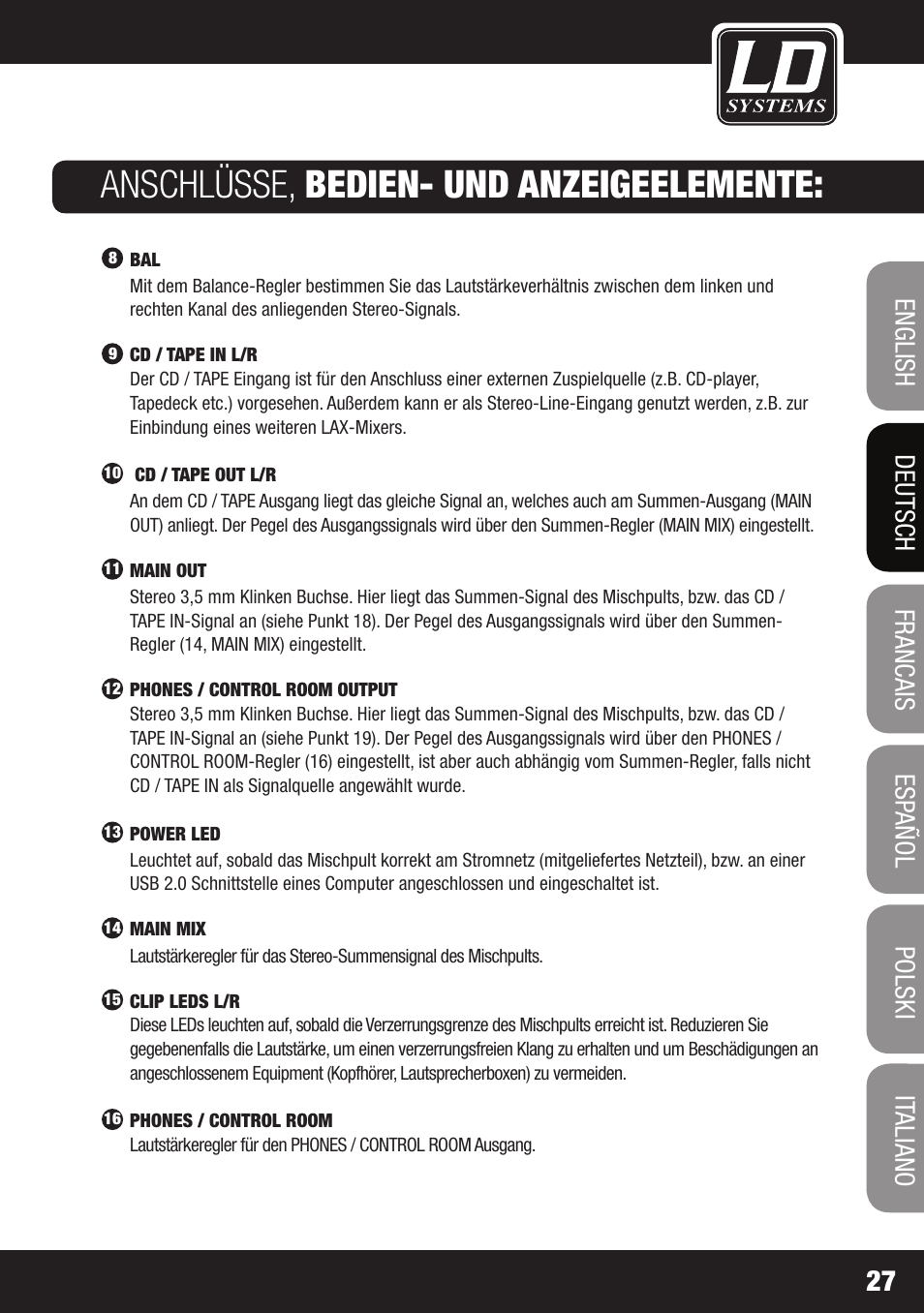 Anschlüsse, bedien- und anzeigeelemente | LD Systems LAX 3 USB User Manual | Page 27 / 112