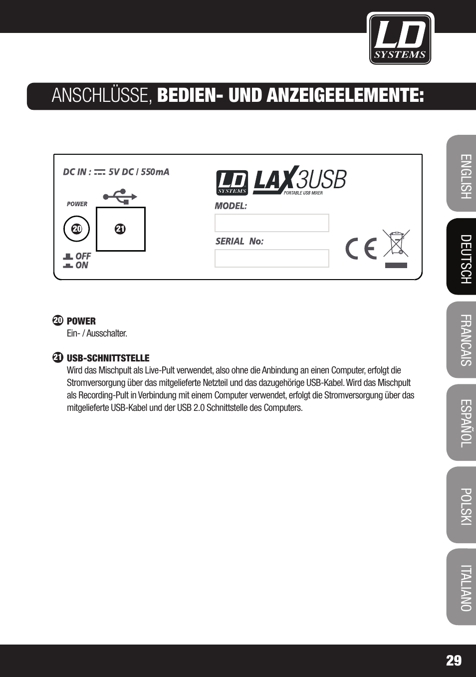 Anschlüsse, bedien- und anzeigeelemente | LD Systems LAX 3 USB User Manual | Page 29 / 112