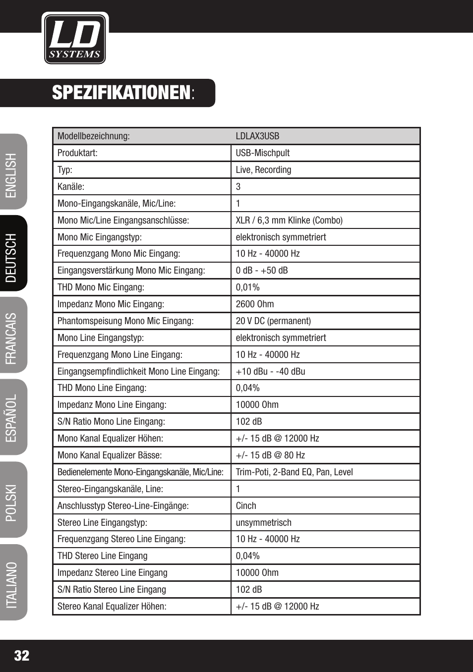 Spezifikationen | LD Systems LAX 3 USB User Manual | Page 32 / 112