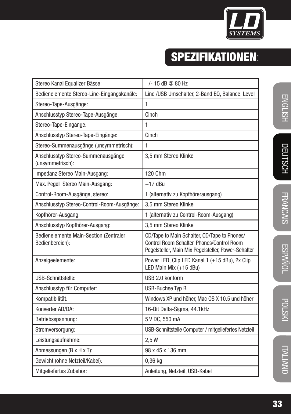 Spezifikationen | LD Systems LAX 3 USB User Manual | Page 33 / 112