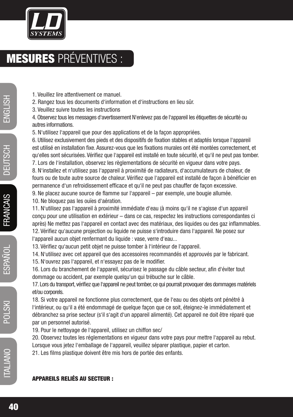 Mesures préventives | LD Systems LAX 3 USB User Manual | Page 40 / 112