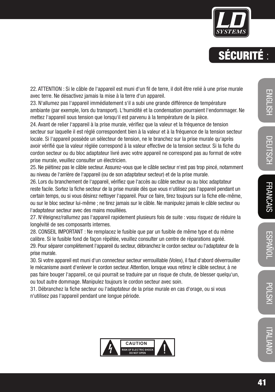 Sécurité | LD Systems LAX 3 USB User Manual | Page 41 / 112