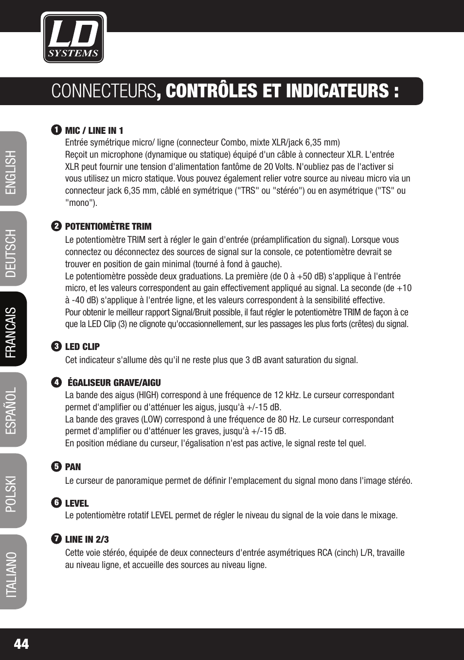 Connecteurs , contrôles et indicateurs | LD Systems LAX 3 USB User Manual | Page 44 / 112