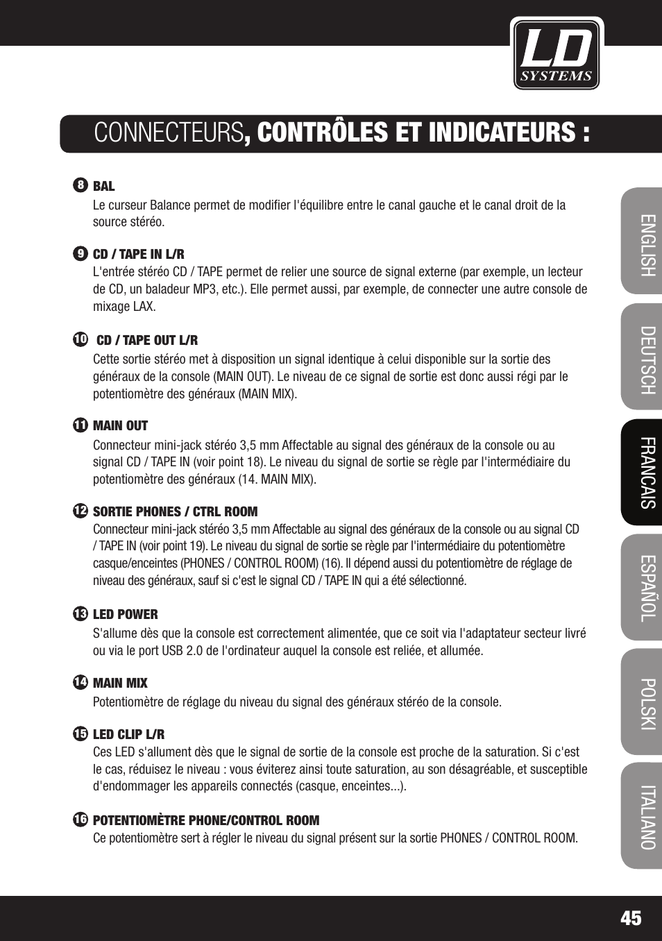 Connecteurs , contrôles et indicateurs | LD Systems LAX 3 USB User Manual | Page 45 / 112