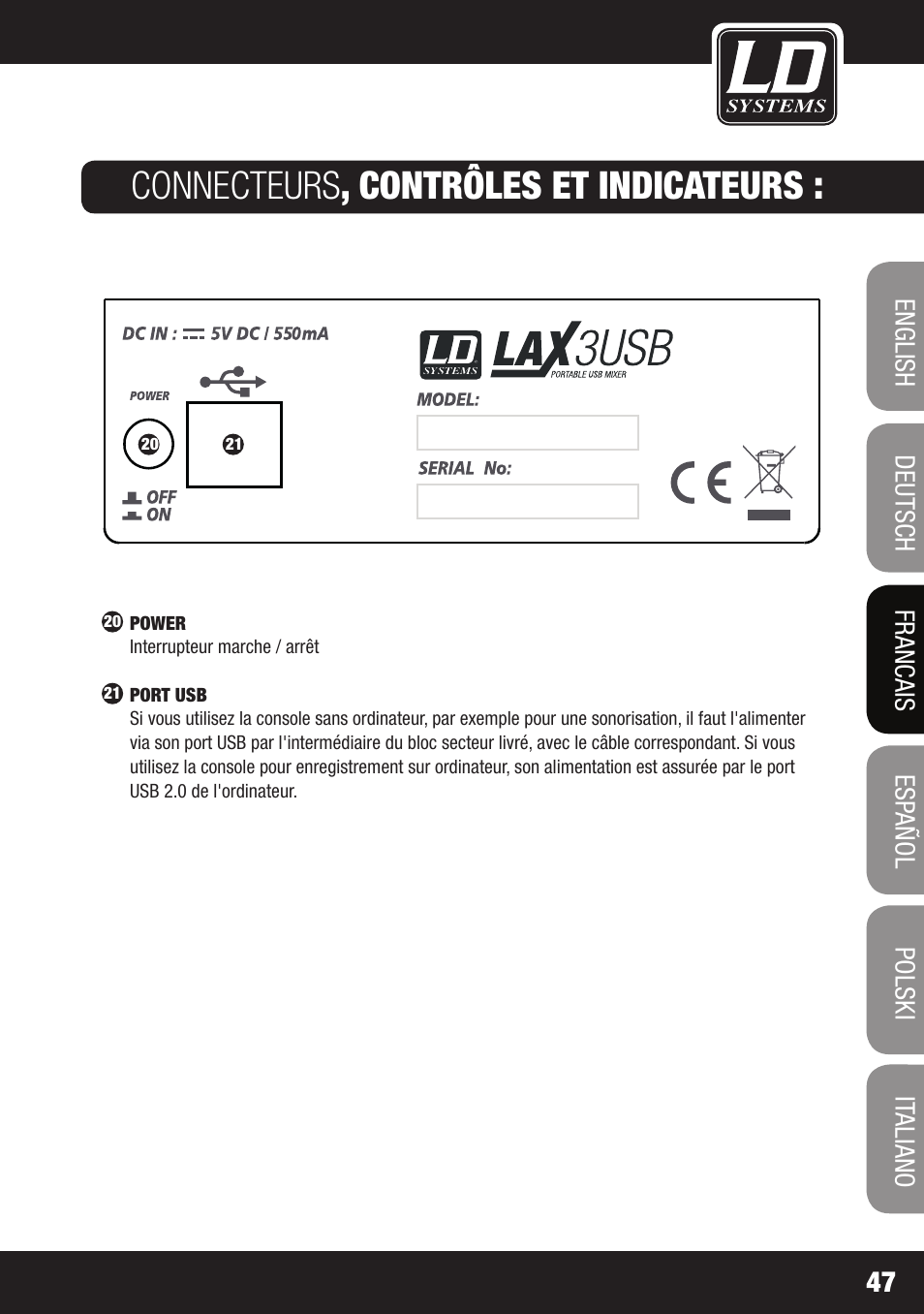 Connecteurs , contrôles et indicateurs | LD Systems LAX 3 USB User Manual | Page 47 / 112