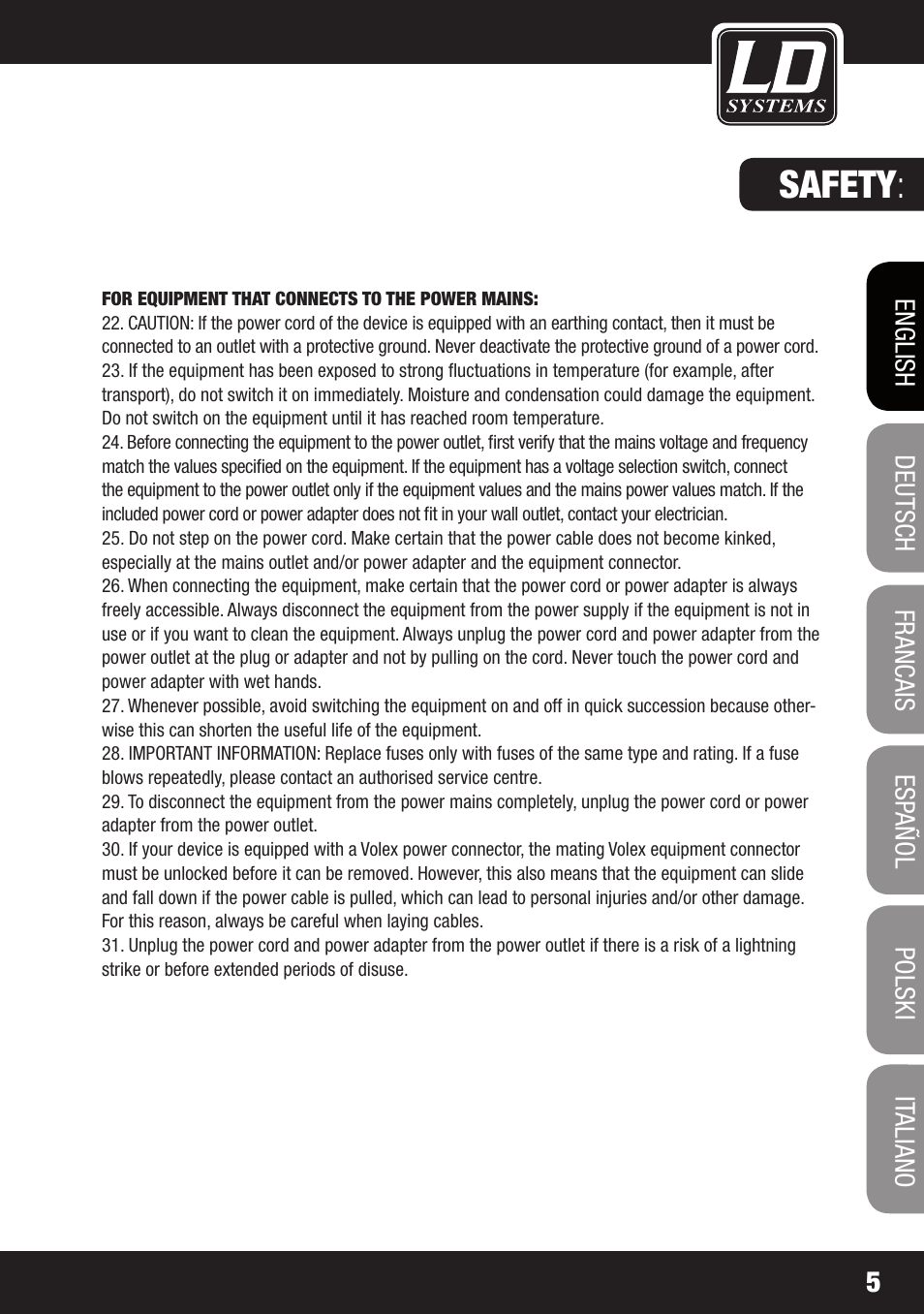 Safety | LD Systems LAX 3 USB User Manual | Page 5 / 112