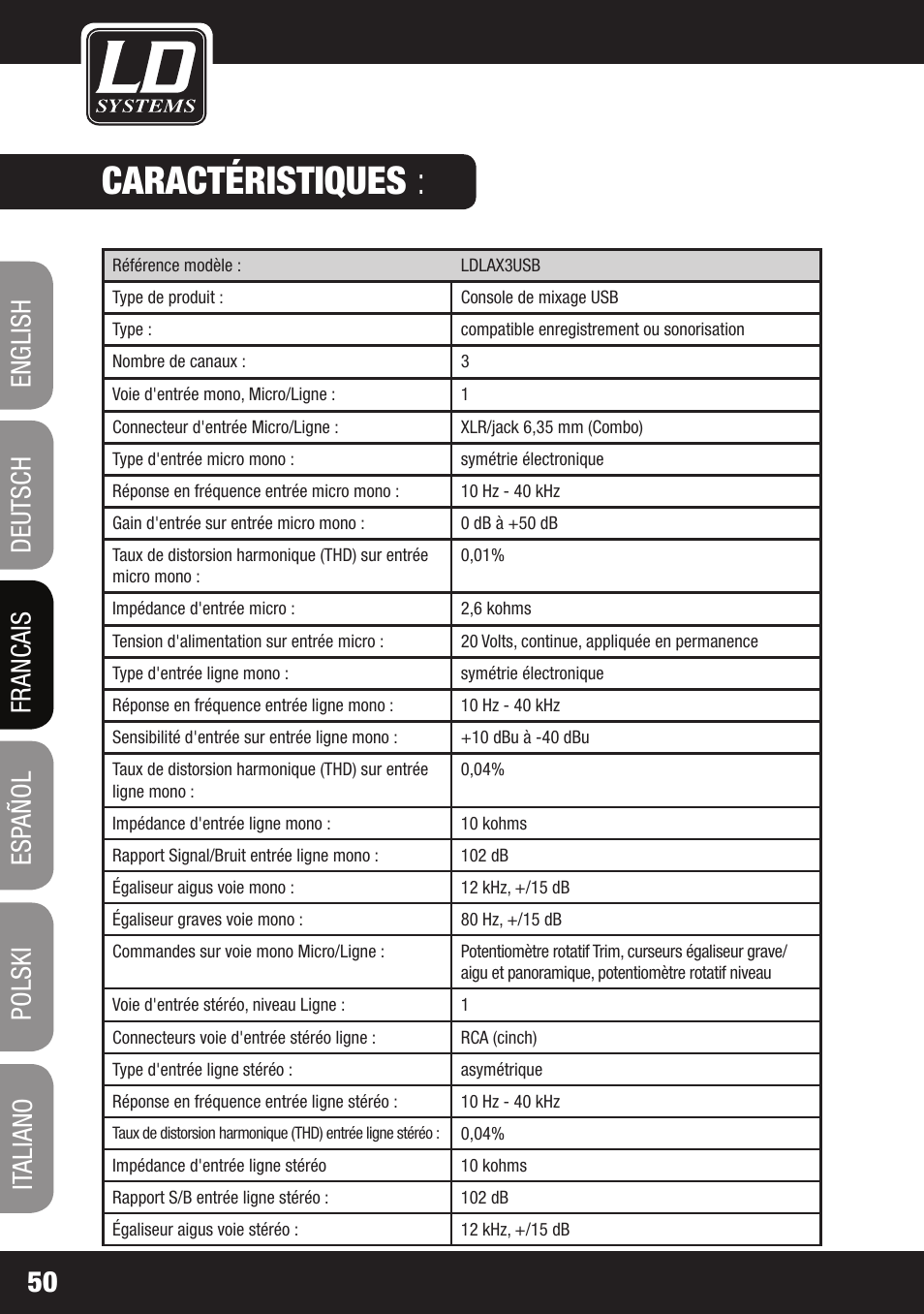 Caractéristiques | LD Systems LAX 3 USB User Manual | Page 50 / 112