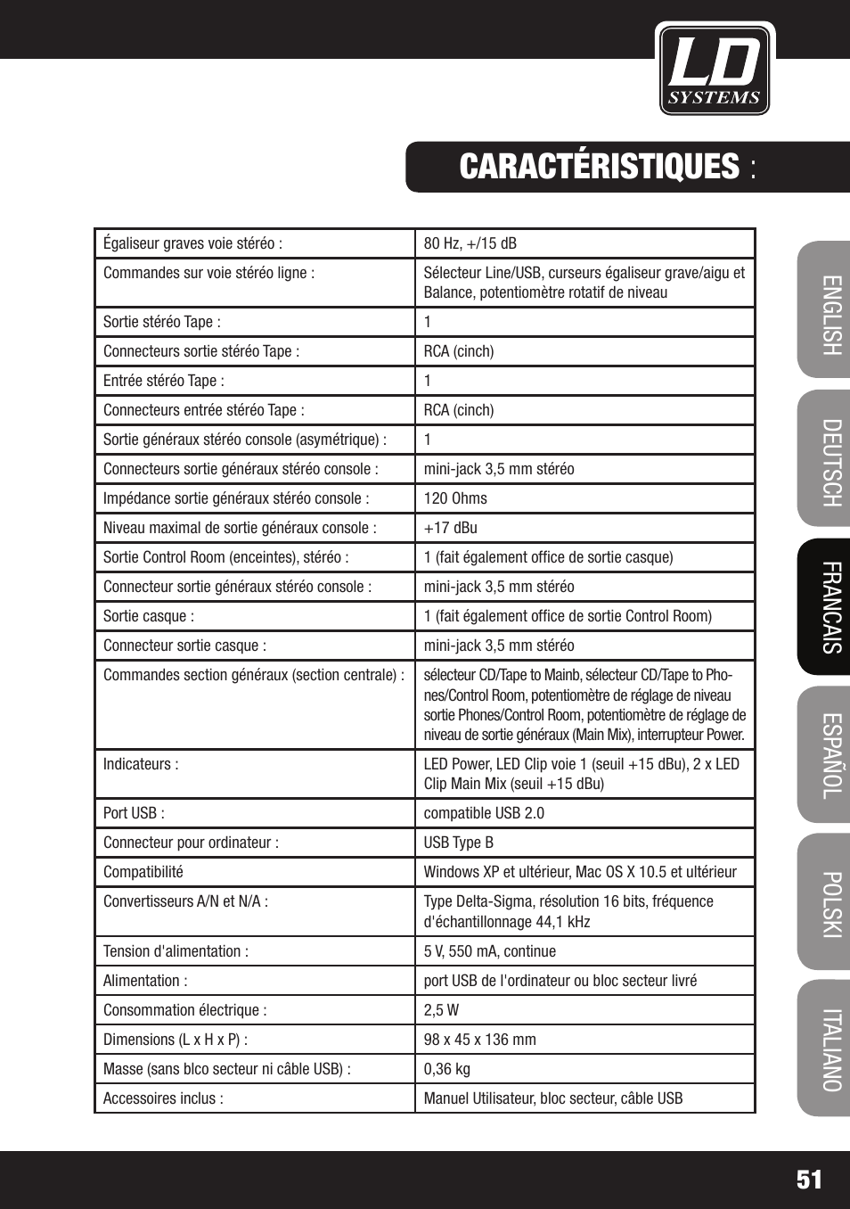 Caractéristiques | LD Systems LAX 3 USB User Manual | Page 51 / 112